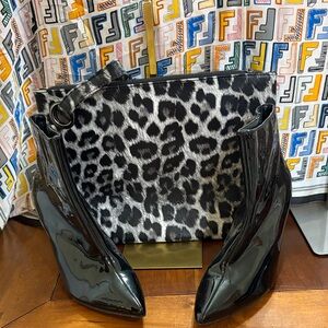 Bamboo Black Patent Leather Ankle Boots and animal print clutch bundle.